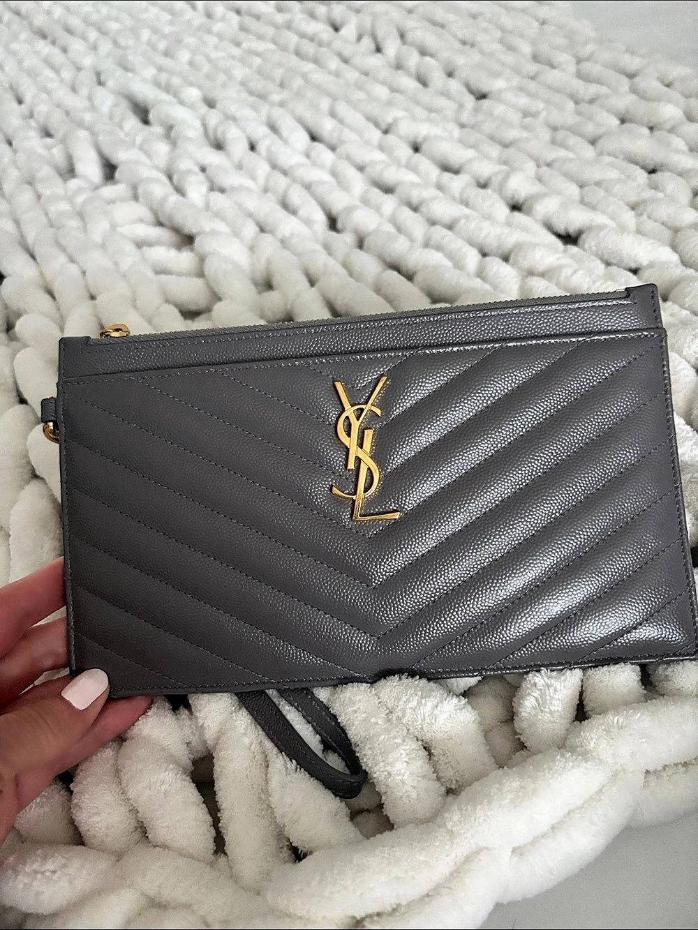 Saint Laurent Monogram Matelassé Chevron Tablet Pouch Gray Like New